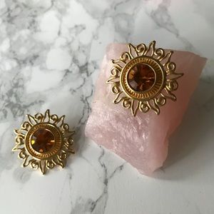 Vintage Golden Sun Clip on Statement Earrings